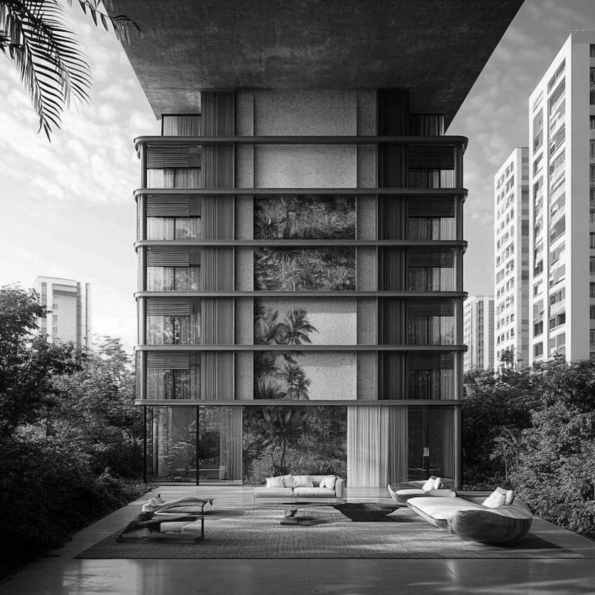 Área externa residencial com vegetação, sombra e escala arquitetônica