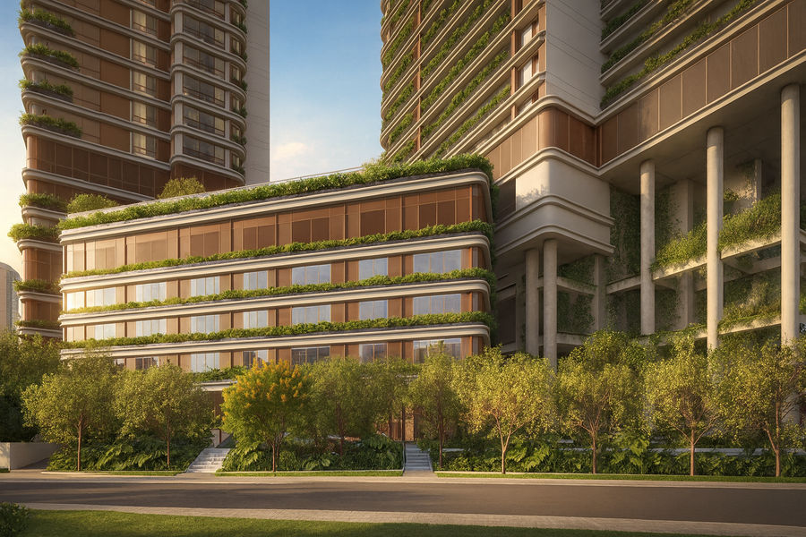 Fachada residencial vertical com presença arquitetônica